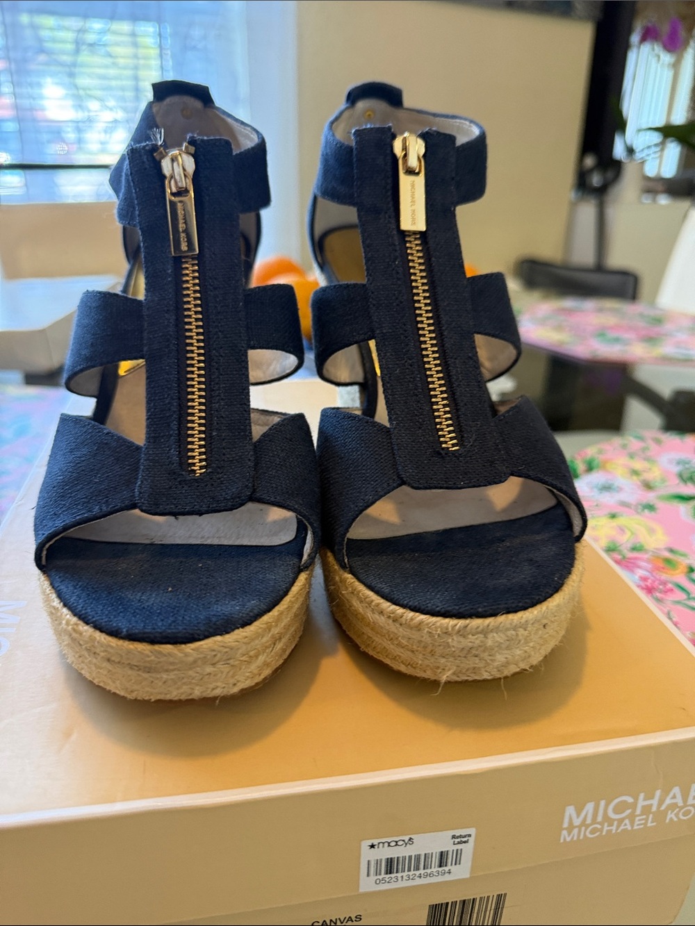 Michael Kors Navy Canvas Espadrille Wedge Sandals with Front Gold Zippers